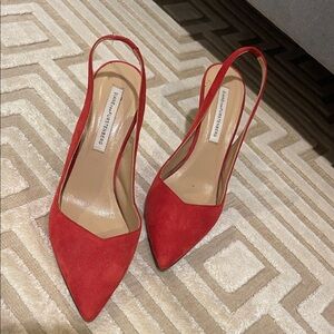 Diane Von Furstenberg red suede sling back heels with gold heel